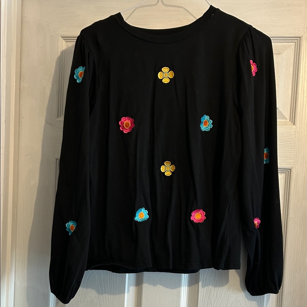 Chic Black Blouse with Vibrant Floral Embroidery